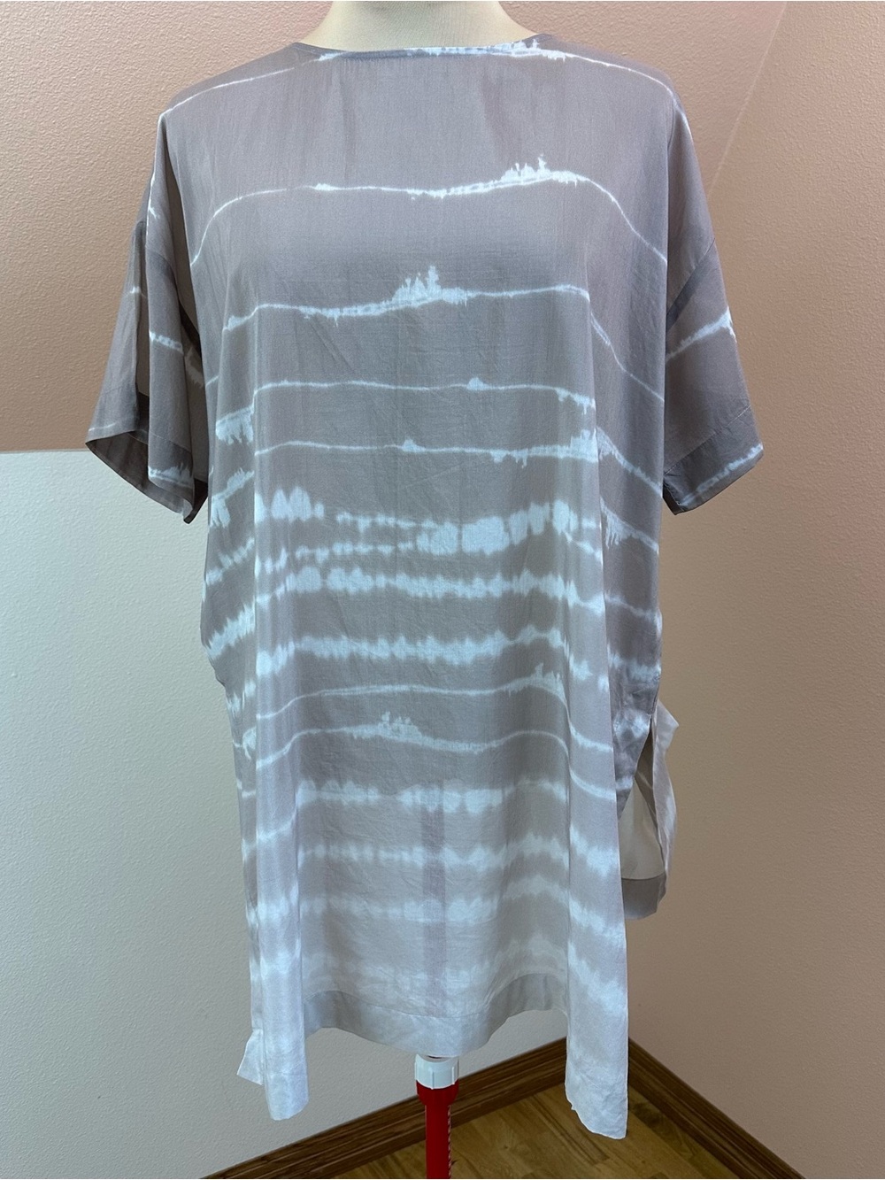 Pure Jill Tunic Top Womens L Beige Tie Dye Cotton Silk Blend Semi-Sheer Beachy